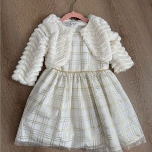 Pippa & Julie Ivory and Gold Plaid Formal Dress with Faux Fur Bolero